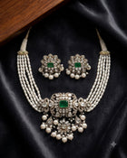 Handcrafted Sterling Silver Choker Necklace & Earrings Set with Jade, Natural Diamond Polki, Diamonds & Freshwater Pearls