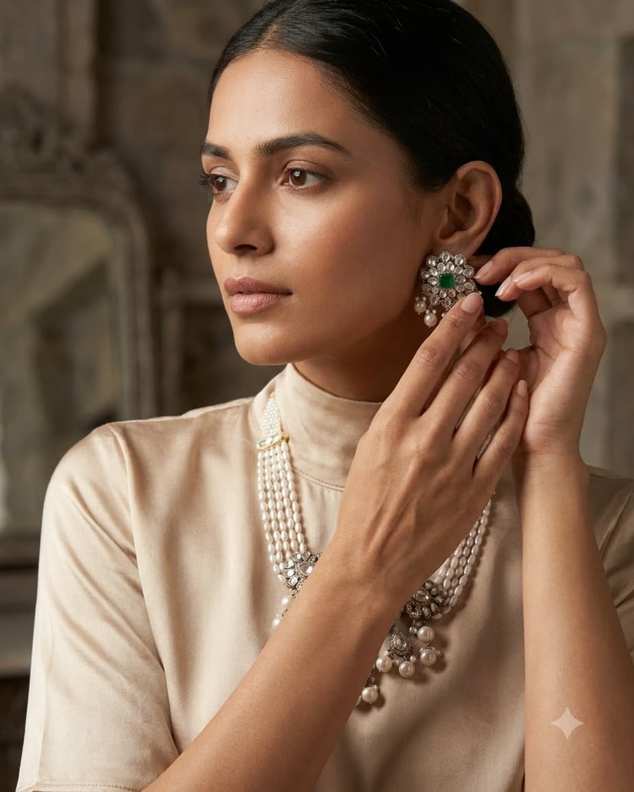 Handcrafted Sterling Silver Choker Necklace & Earrings Set with Jade, Natural Diamond Polki, Diamonds & Freshwater Pearls