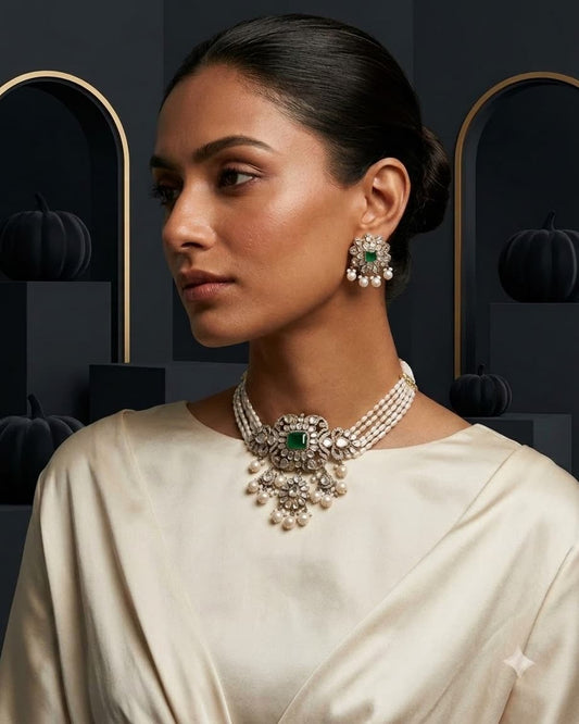 Model wearing Antiqa's jade and polki diamond pearl choker necklace and earrings set