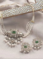 Handcrafted Sterling Silver Choker Necklace & Earrings Set with Jade, Natural Diamond Polki, Diamonds & Freshwater Pearls