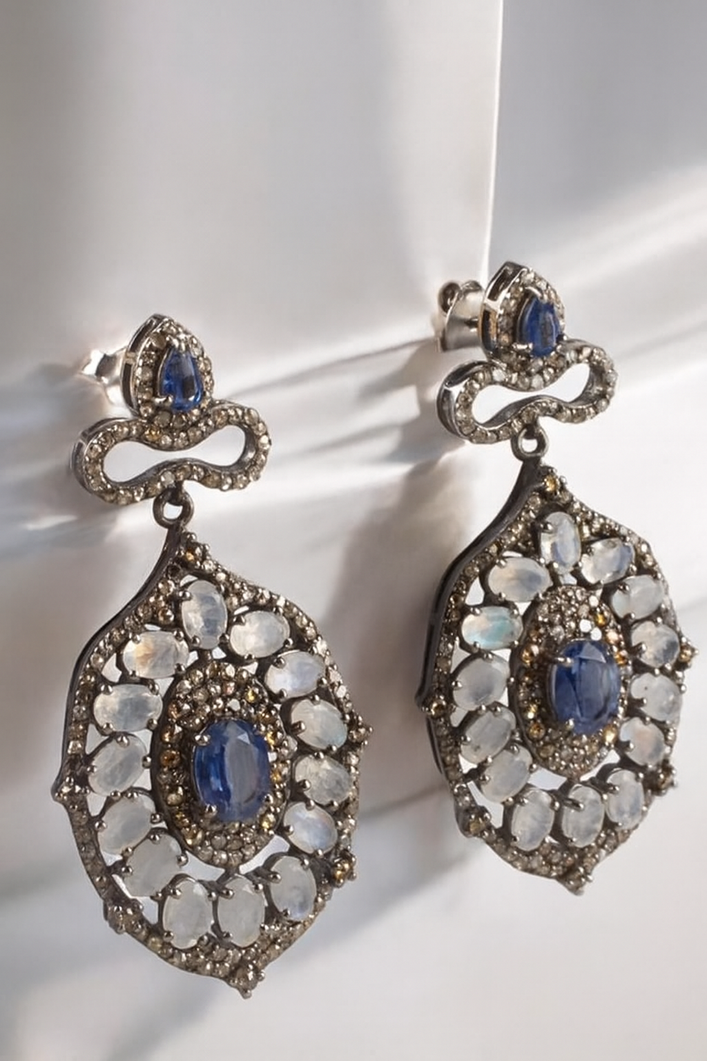 Modern Designer Earrings in Sterling Silver with Moonstone, Kyanite & Diamonds – Handcrafted Luxury Jewelry