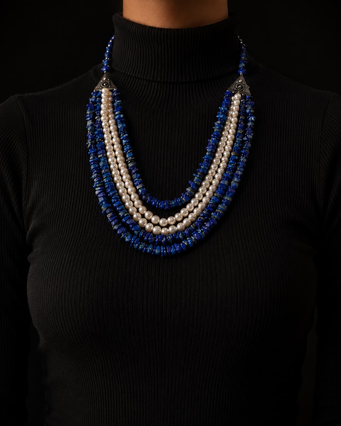 Handcrafted Lapis Lazuli and Grey Pearl Beaded Necklace with Silver Clasp