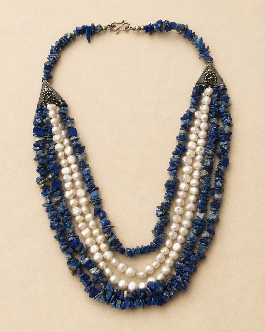 Handcrafted Lapis Lazuli and Grey Pearl Beaded Necklace with Silver Clasp
