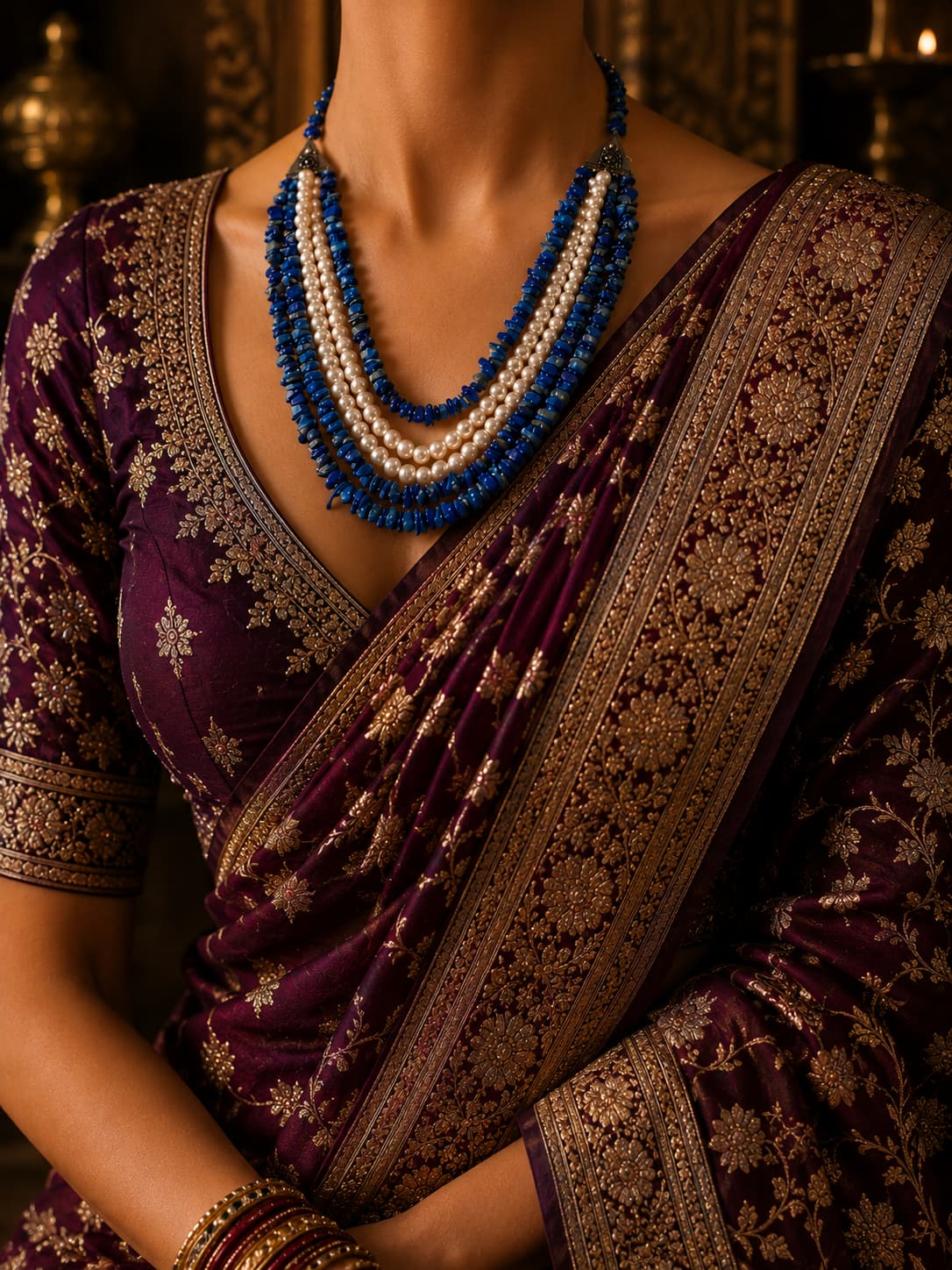 Handcrafted Lapis Lazuli and Grey Pearl Beaded Necklace with Silver Clasp