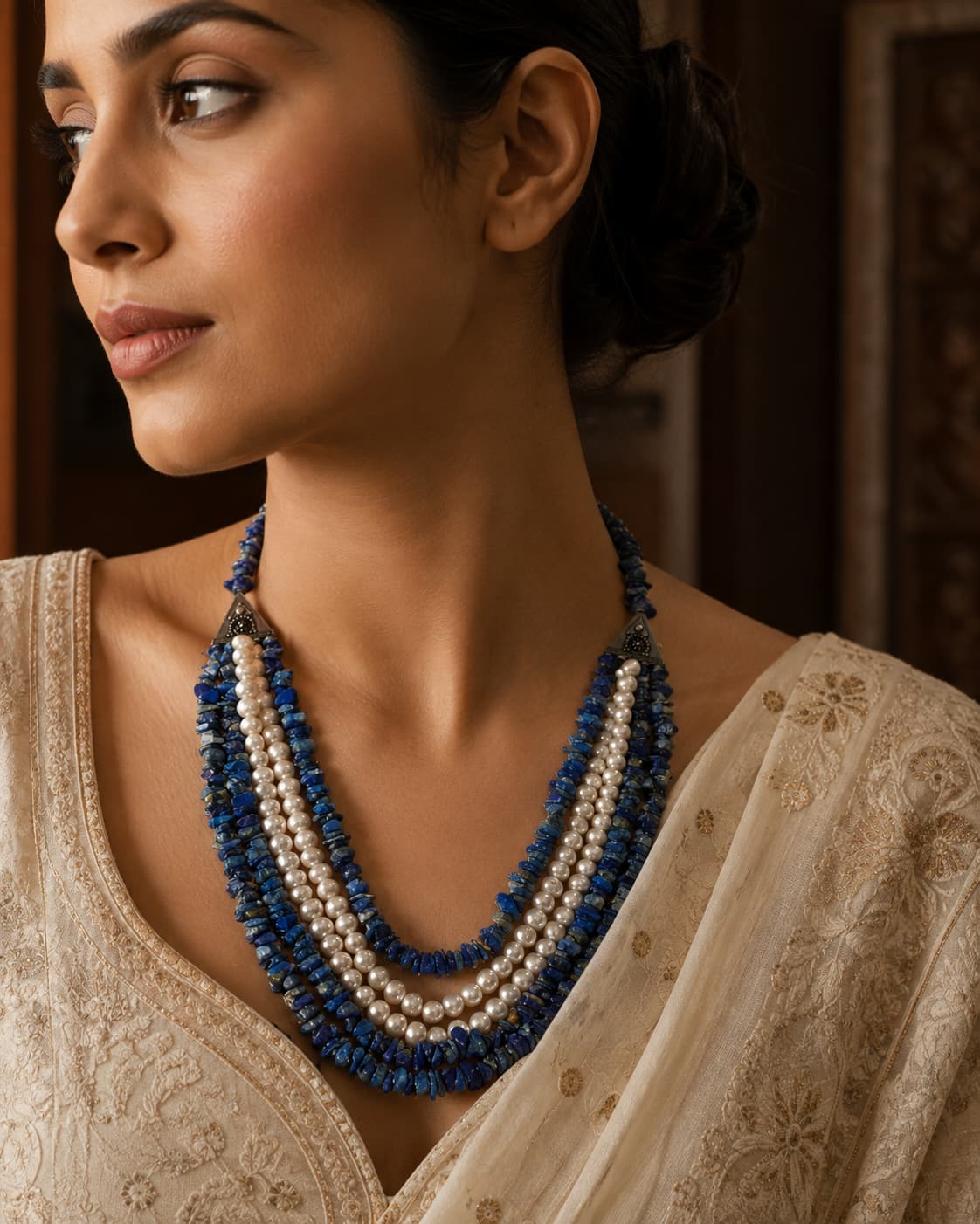 Handcrafted Lapis Lazuli and Grey Pearl Beaded Necklace with Silver Clasp