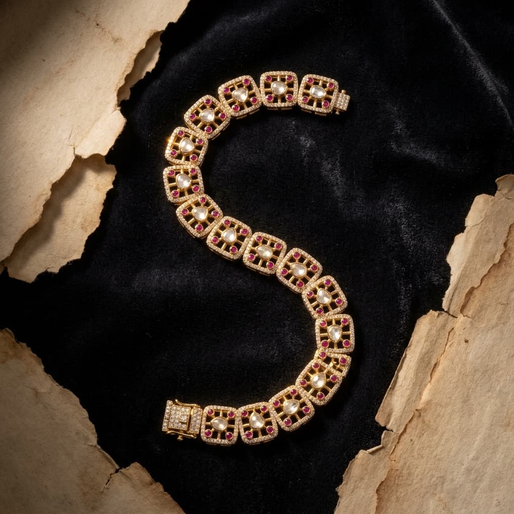 Diamond Polki Square Link Bracelet with Ruby Accents