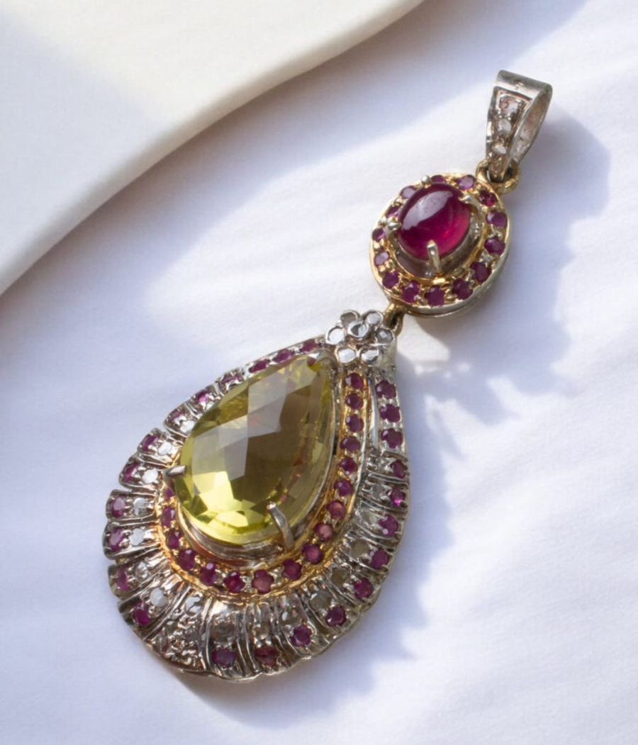 Handcrafted Lemon Quartz Pendant with Ruby and Melee Diamonds