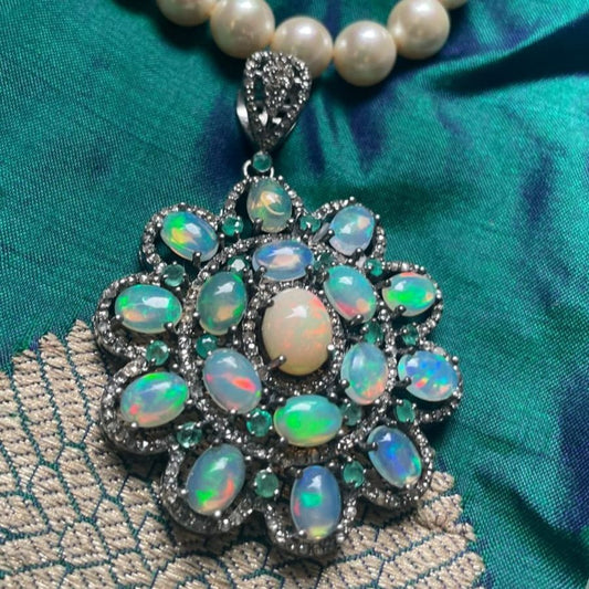 Luxurious Emerald, Opal, and Diamond Pendant Necklace with Pearl Strand - Statement Jewelry for Women - Antiqa Handcrafted
