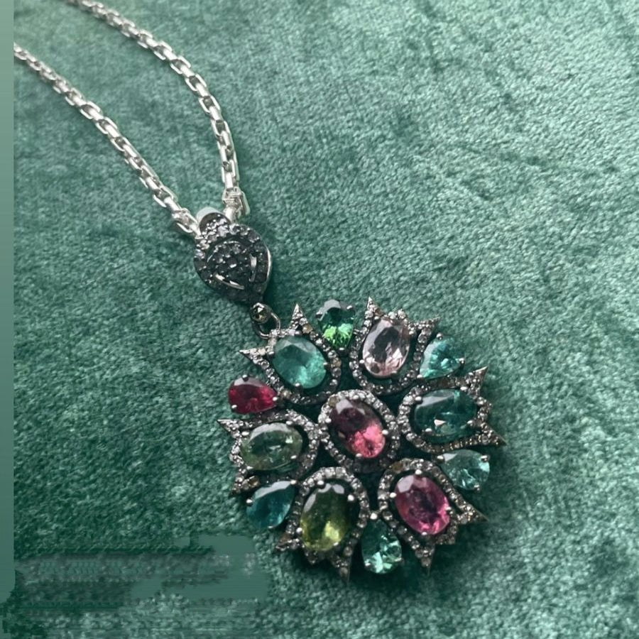 Luxurious Multi-Tourmaline and Diamond Statement Pendant in Silver