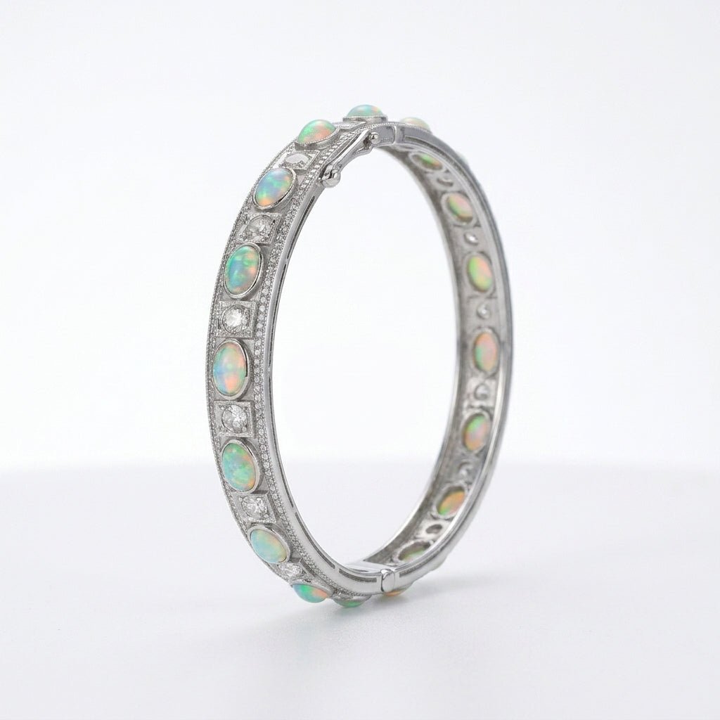 Luxury Handcrafted Bracelet with Opal, Polki & Diamonds in Sterling Silver | Limited Edition Mughal Victorian Jewelry