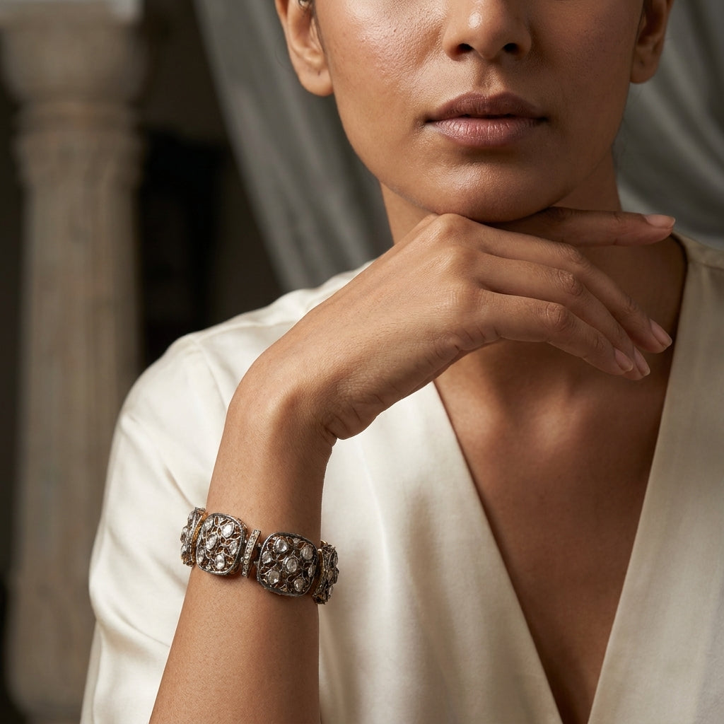 Exquisite Polki and Diamond Link Bracelet in Sterling Silver