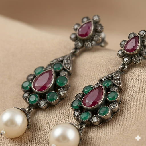 Close-up of emerald ruby pearl diamond earrings in 925 silver