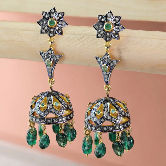 Majestic Charm – Handmade Emerald & Diamond Jhumka Earrings - Antiqa Handcrafted
