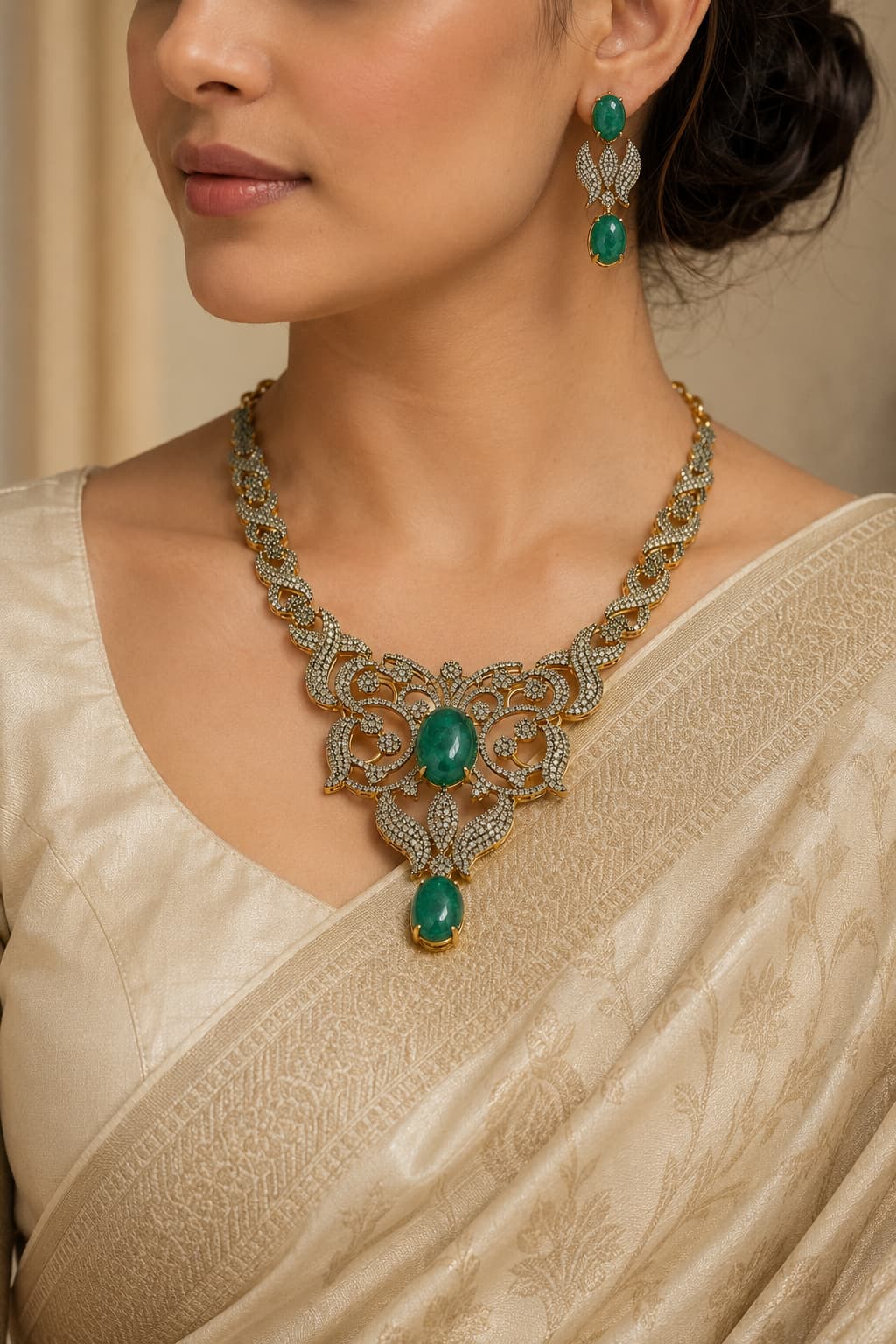 Mughal Style Beryl and Diamond Necklace and Earrings Set