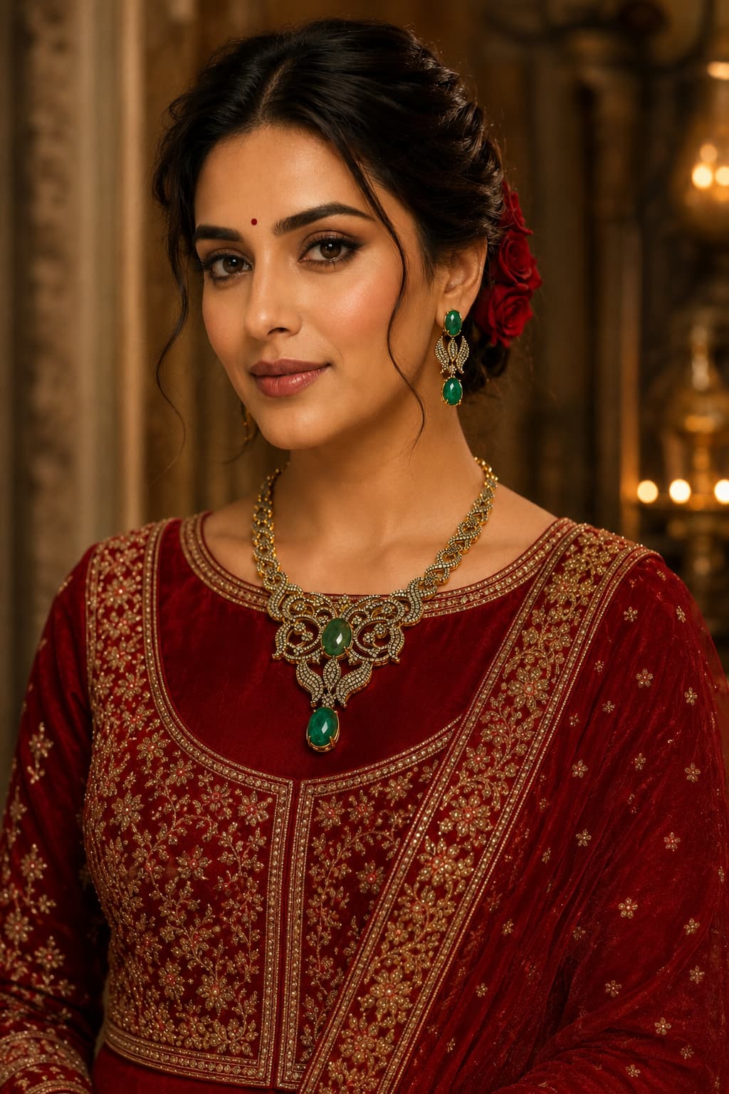 Mughal Style Beryl and Diamond Necklace and Earrings Set