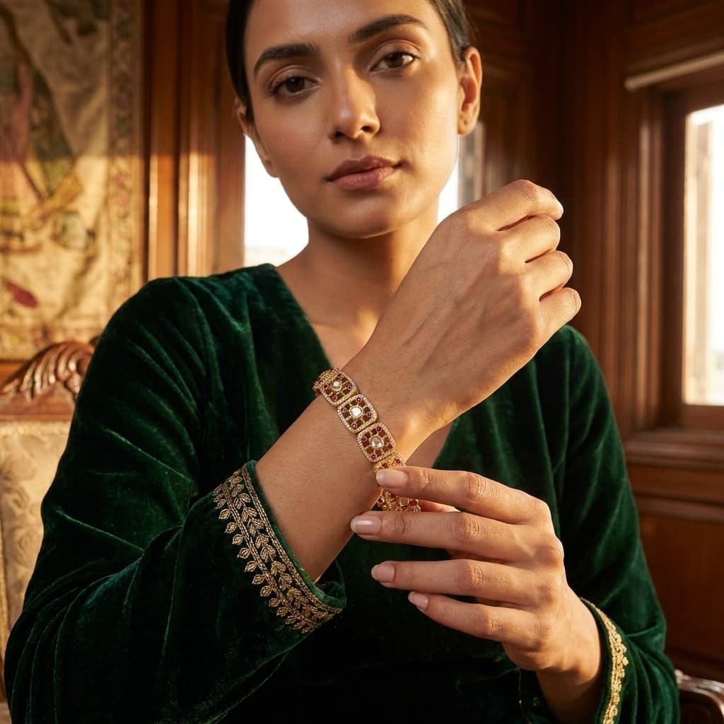 Diamond Polki Square Link Bracelet with Ruby Accents