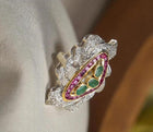 Modern Designer Ring in Sterling Silver with Zambian Emeralds, Thai Rubies & Melee Diamonds – Handcrafted Luxury Jewelry