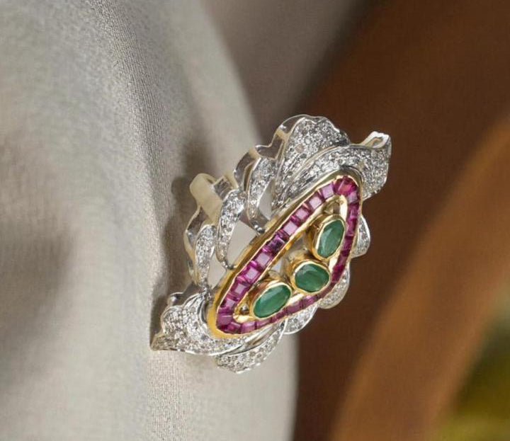 Modern Designer Ring in Sterling Silver with Zambian Emeralds, Thai Rubies & Melee Diamonds – Handcrafted Luxury Jewelry