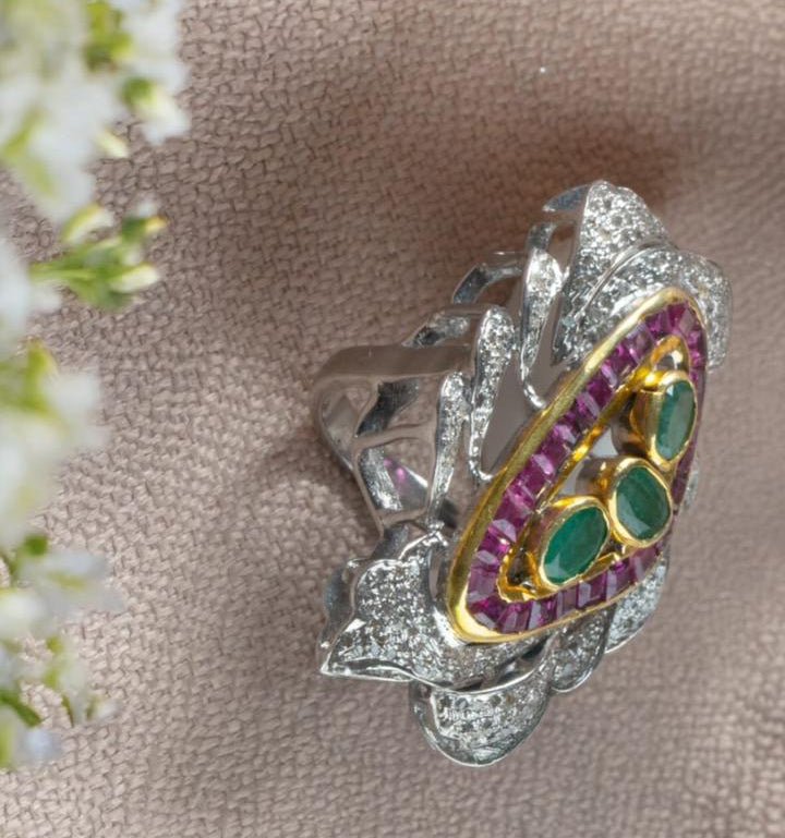 Modern Designer Ring in Sterling Silver with Zambian Emeralds, Thai Rubies & Melee Diamonds – Handcrafted Luxury Jewelry