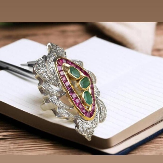 Modern Designer Ring in Sterling Silver with Zambian Emeralds, Thai Rubies & Melee Diamonds – Handcrafted Luxury Jewelry