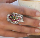 Modern Designer Ring in Sterling Silver with Zambian Emeralds, Thai Rubies & Melee Diamonds – Handcrafted Luxury Jewelry