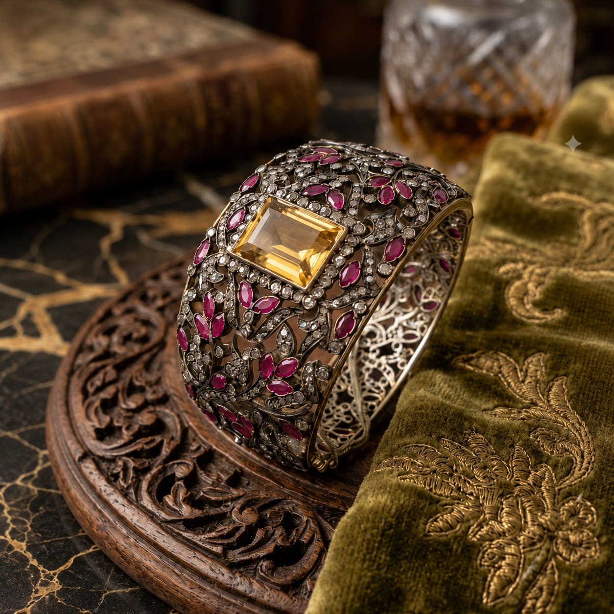 Mughal Style Citrine & Ruby Bracelet with 14K Gold Clasp