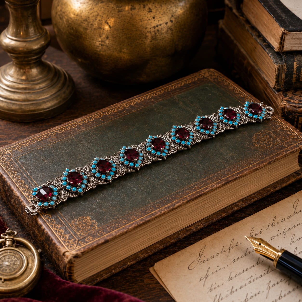 Mughal Style Garnet & Persian Turquoise Bracelet with Diamonds