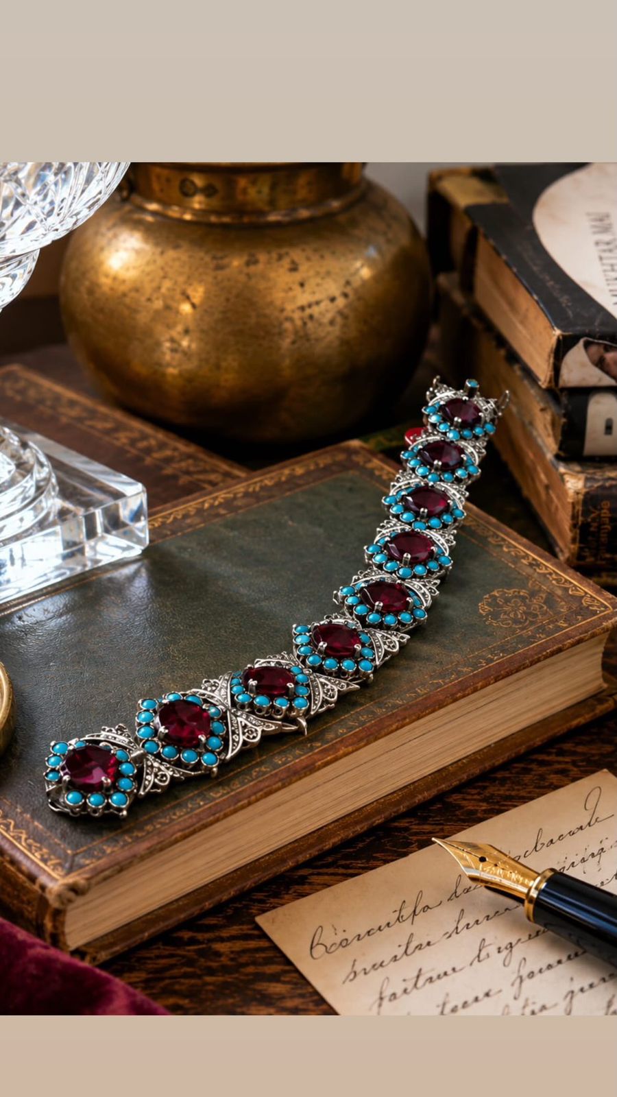 Mughal Style Garnet & Persian Turquoise Bracelet with Diamonds