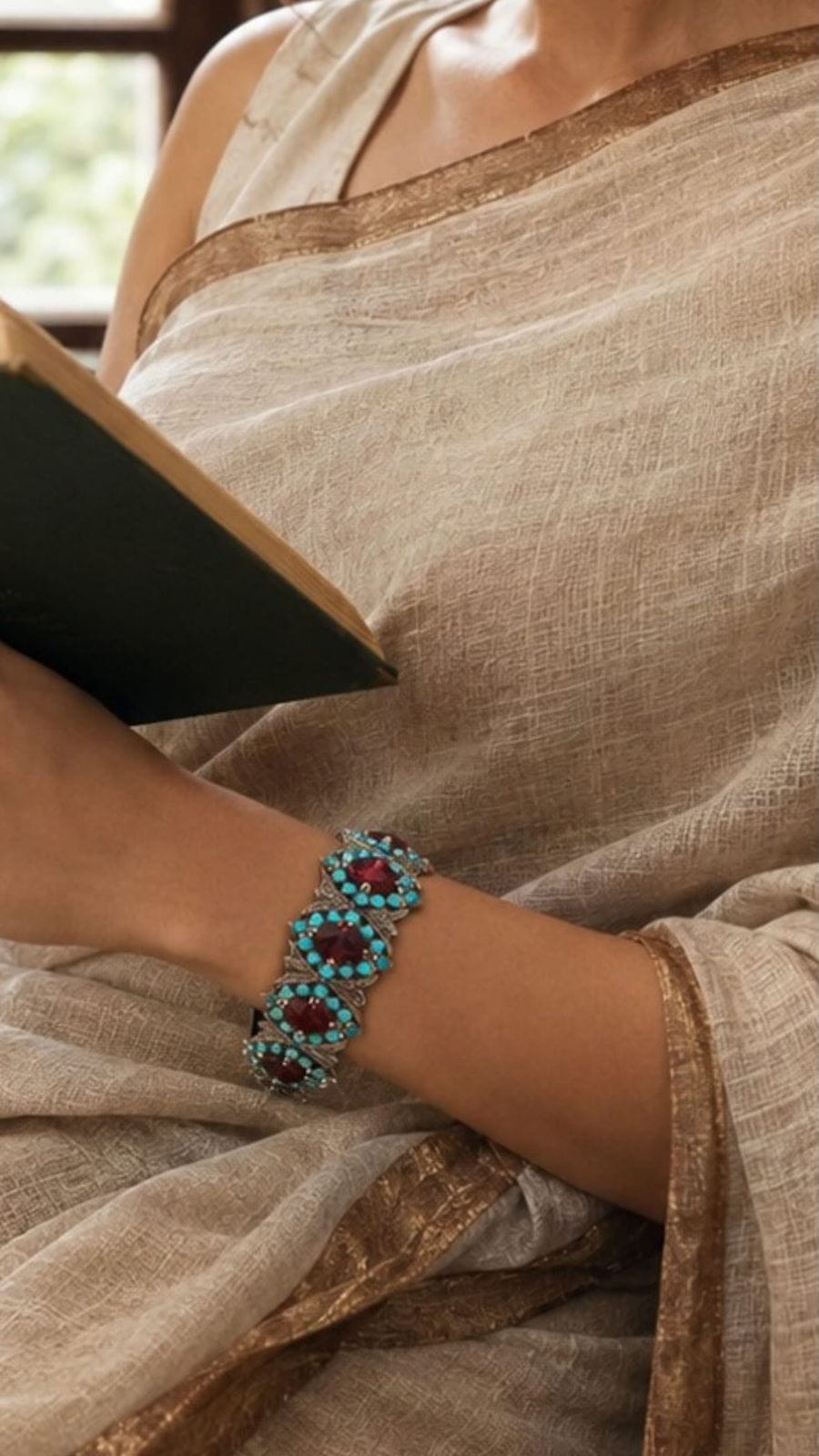 Mughal Style Garnet & Persian Turquoise Bracelet with Diamonds