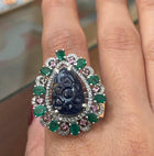 Mughal Style Handcrafted Vintage Ring in Sterling Silver with Blue Sapphire, Zambian Emeralds, Pink Tourmaline & Melee Diamonds