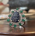Mughal Style Handcrafted Vintage Ring in Sterling Silver with Blue Sapphire, Zambian Emeralds, Pink Tourmaline & Melee Diamonds