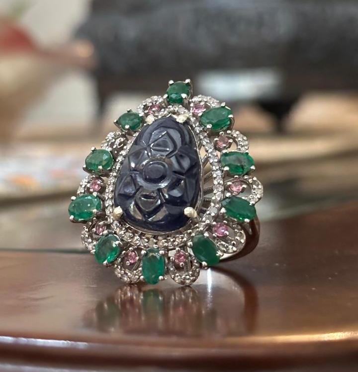 Mughal Style Handcrafted Vintage Ring in Sterling Silver with Blue Sapphire, Zambian Emeralds, Pink Tourmaline & Melee Diamonds