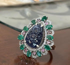 Mughal Style Handcrafted Vintage Ring in Sterling Silver with Blue Sapphire, Zambian Emeralds, Pink Tourmaline & Melee Diamonds