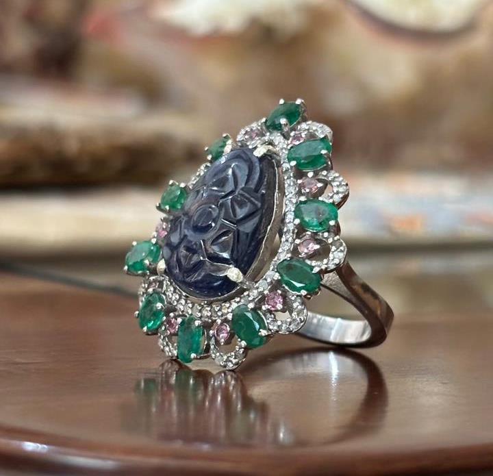 Mughal Style Handcrafted Vintage Ring in Sterling Silver with Blue Sapphire, Zambian Emeralds, Pink Tourmaline & Melee Diamonds