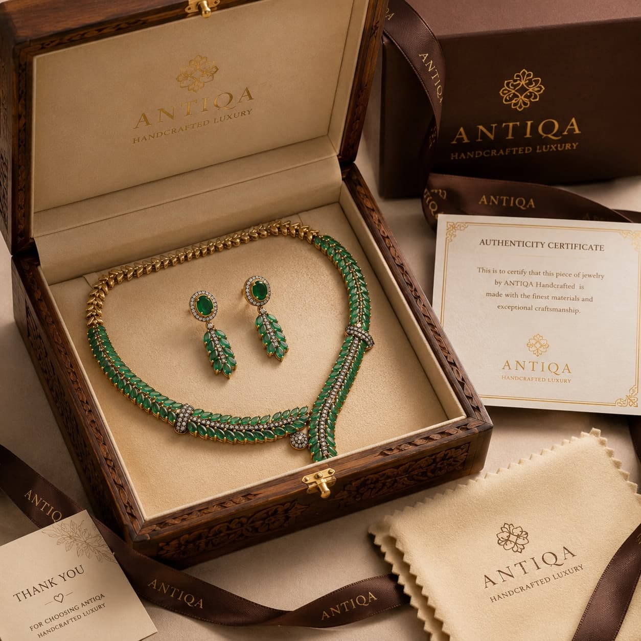 Mughal Style Zambian Emerald & Diamond Necklace and Earring Set