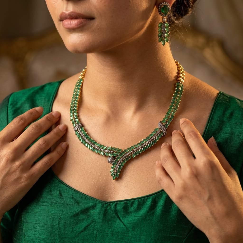 Mughal Style Zambian Emerald & Diamond Necklace and Earring Set
