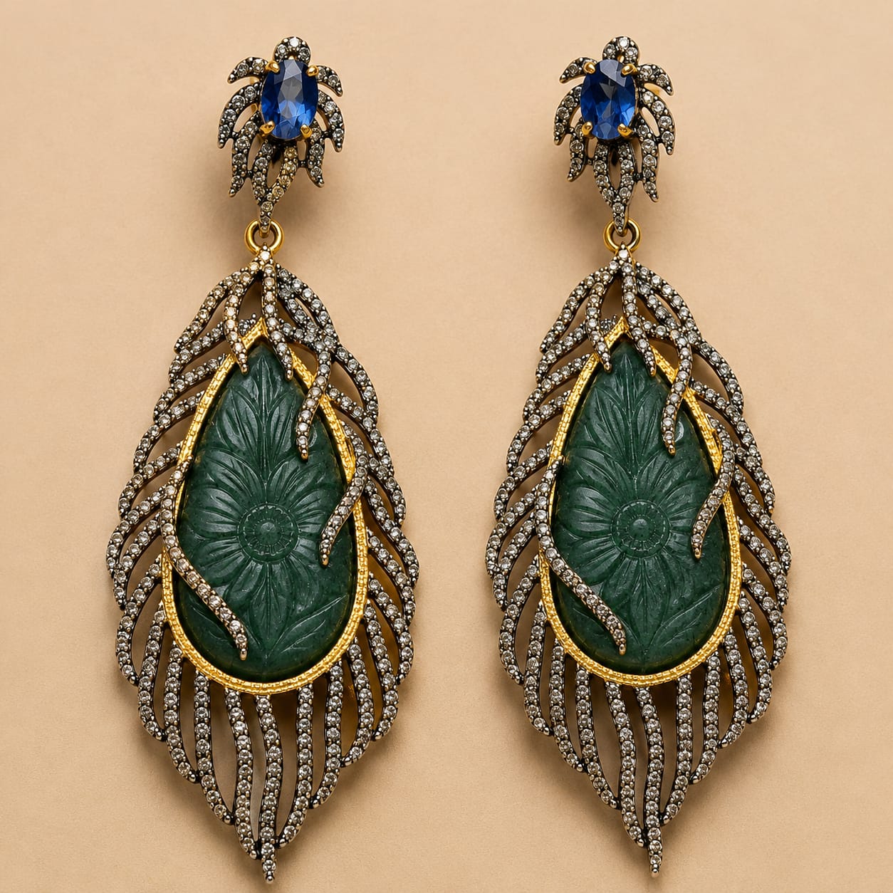 Carved Green Beryl Vine Earrings with Diamonds