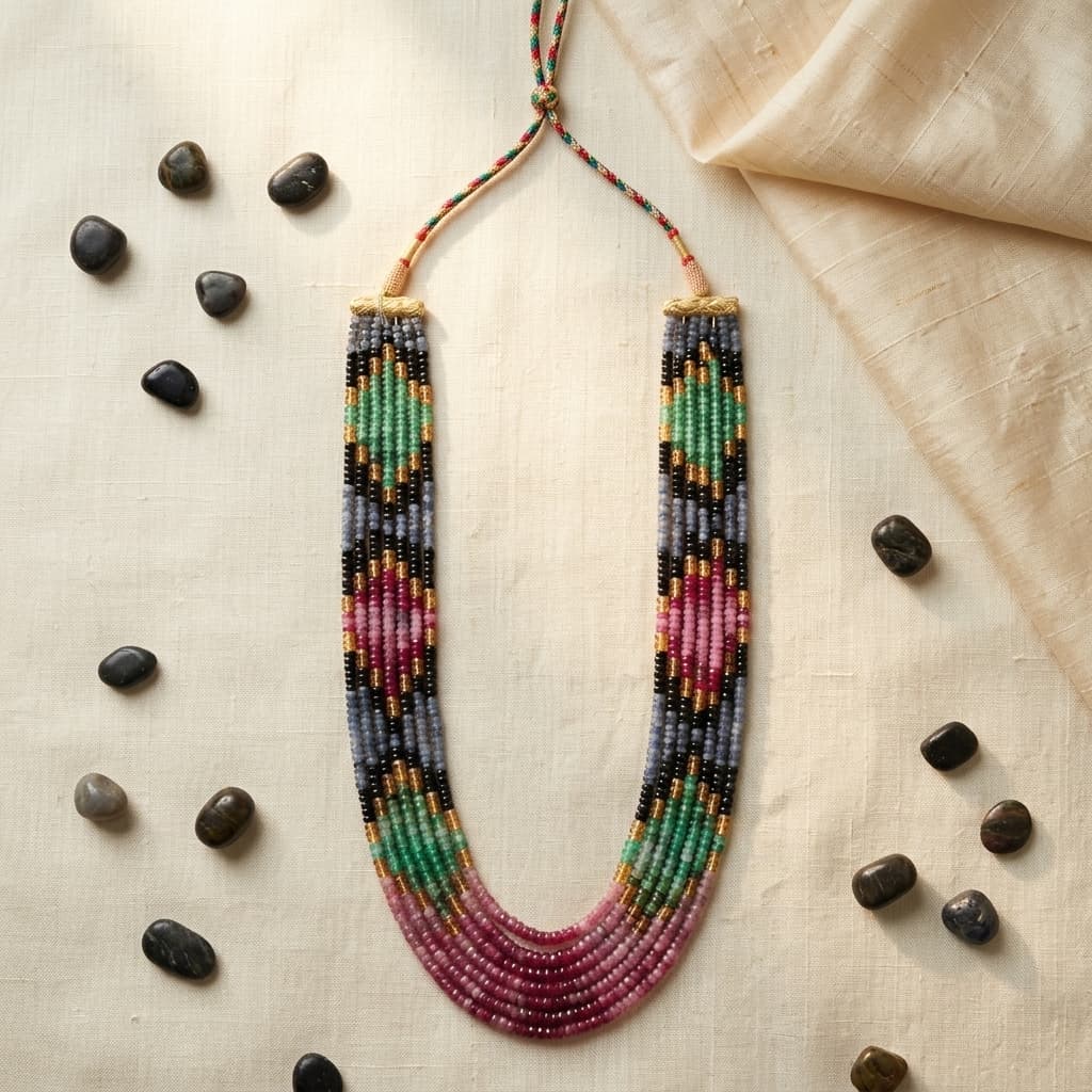 Multi Precious Stone Seven String Necklace - Ruby, Emerald & Sapphire
