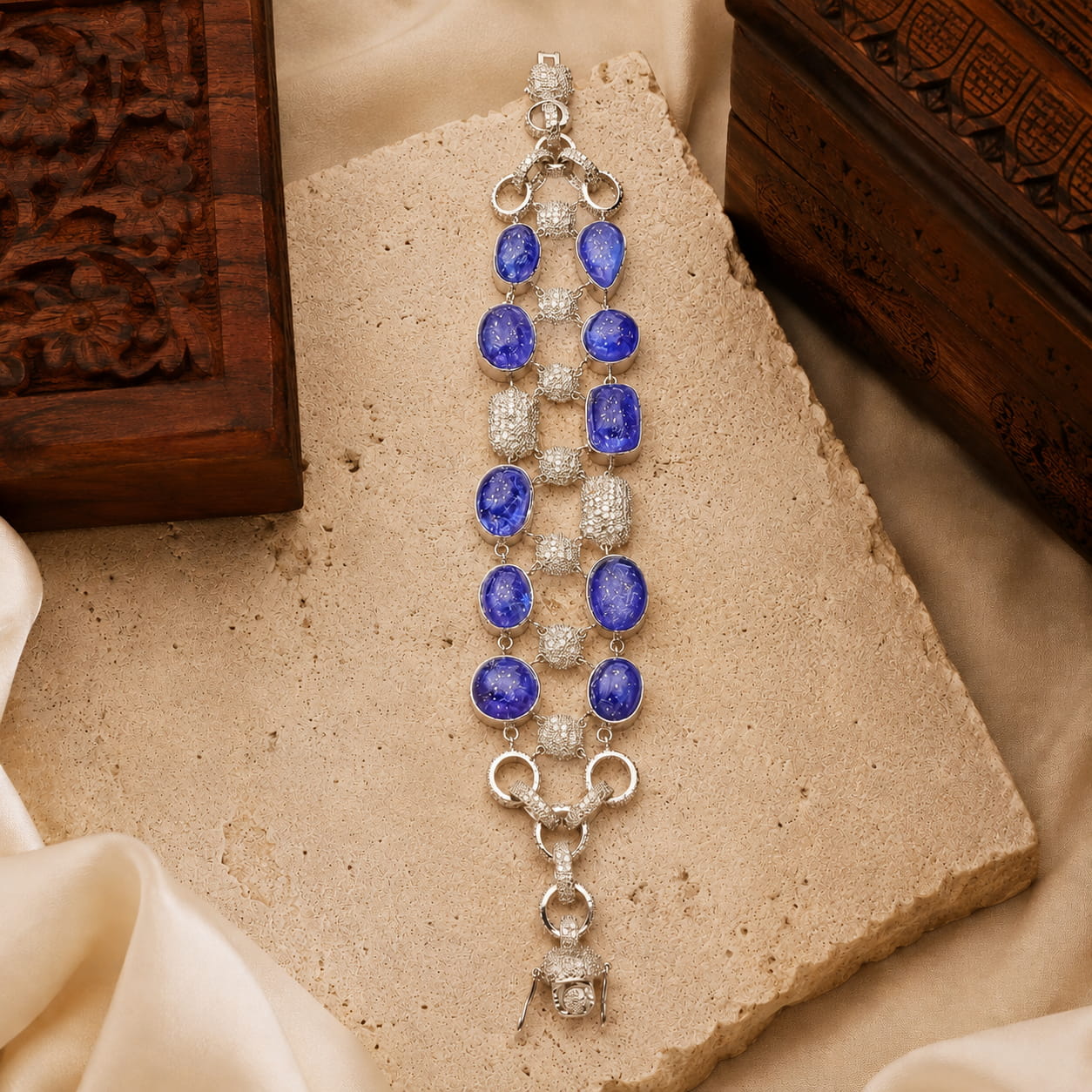 Natural Tanzanite & Diamond Bracelet - 60 Carat Cabochon
