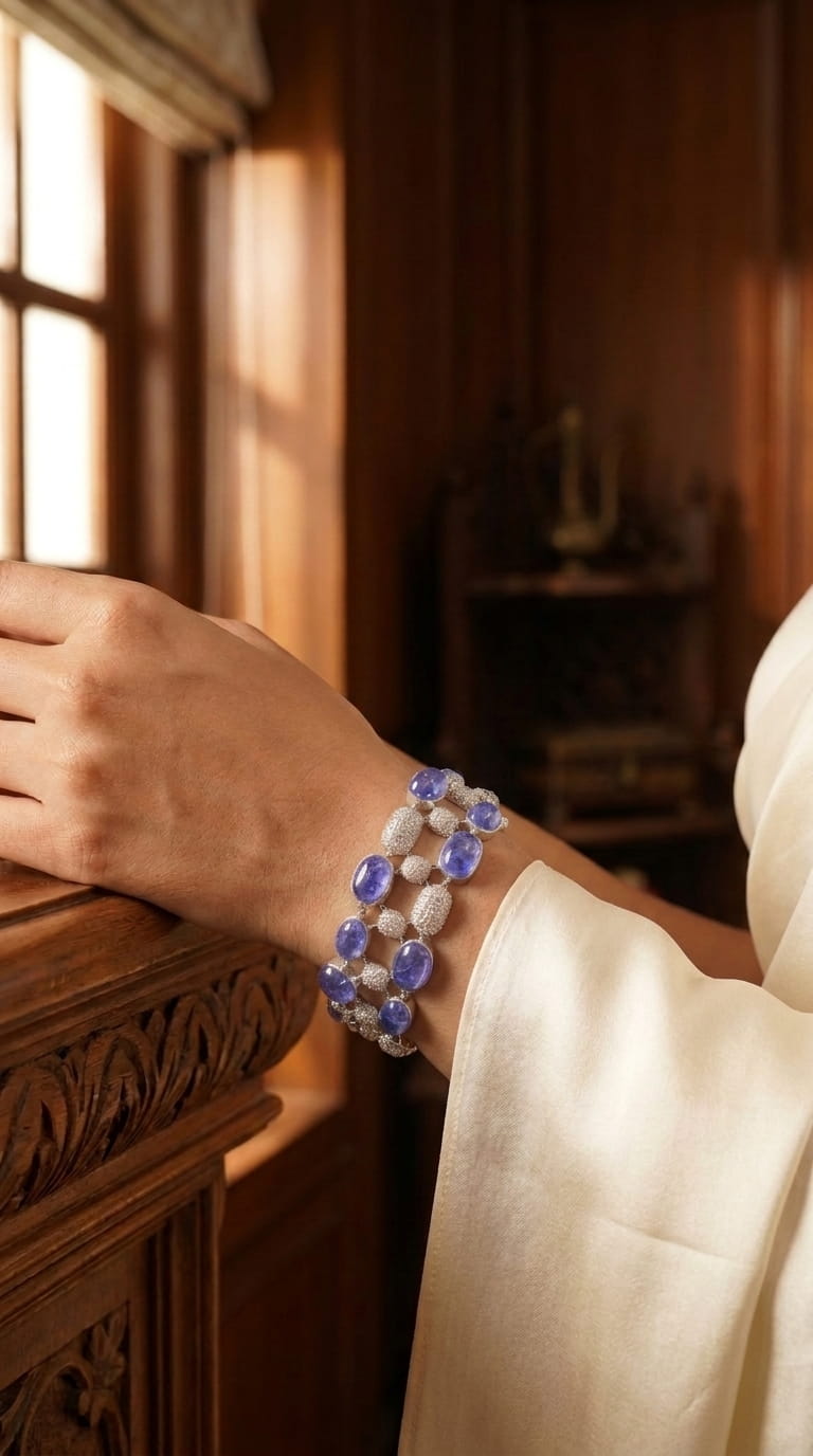Natural Tanzanite & Diamond Bracelet - 60 Carat Cabochon