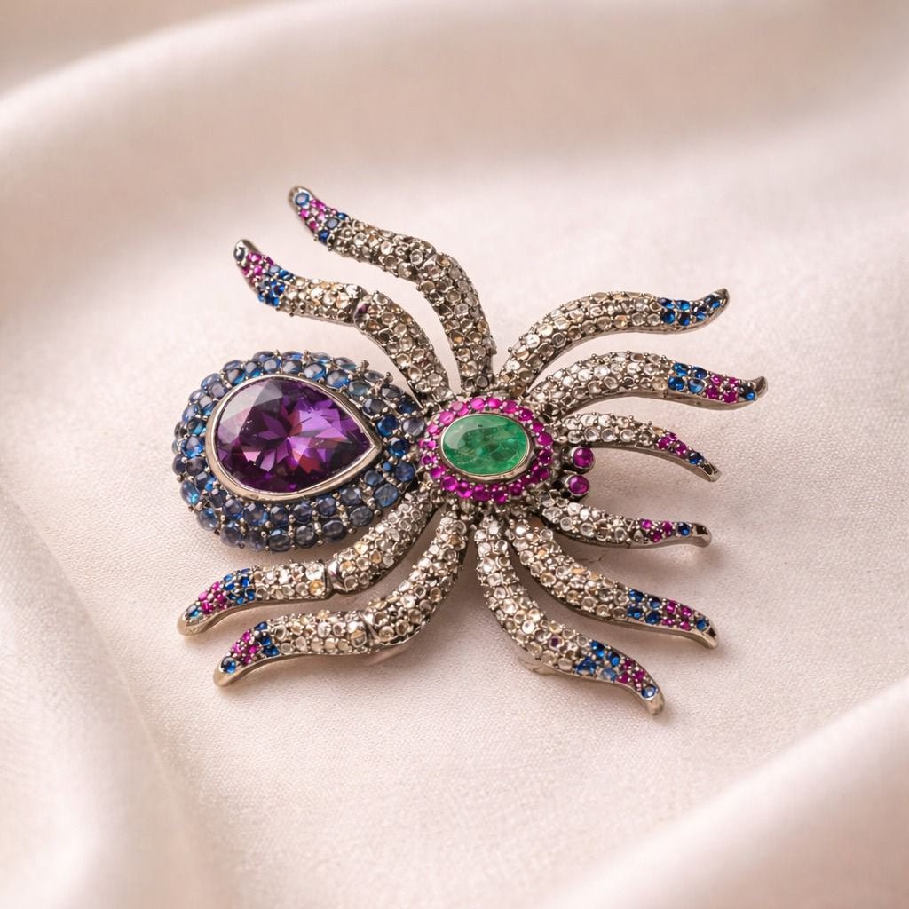 Octopus Brooch Pendant with Amethyst, Emerald, Ruby & Sapphire