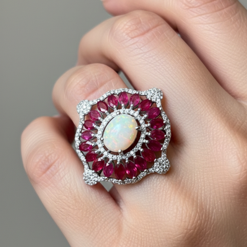 925 silver gemstone ring featuring opal and ruby