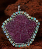 Handcrafted Carved Thai Ruby Pendant with Opal Halo & Melee Diamonds