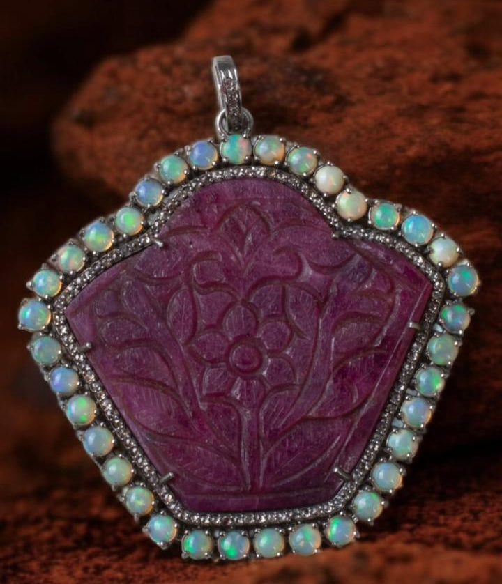 Handcrafted Carved Thai Ruby Pendant with Opal Halo & Melee Diamonds