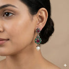 Handcrafted Vintage Sterling Silver Earrings with Emerald, Ruby, Diamonds & Pearls