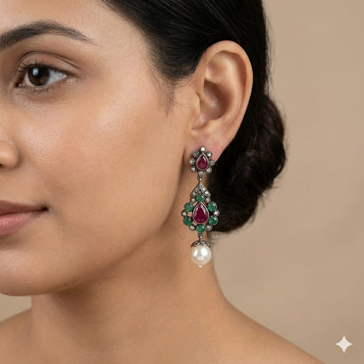 Handcrafted Vintage Sterling Silver Earrings with Emerald, Ruby, Diamonds & Pearls