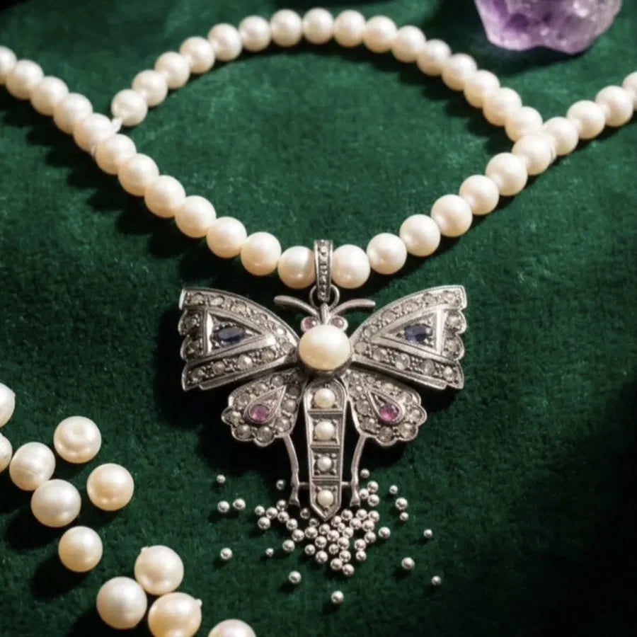 Butterfly Pendant with Sapphire, Ruby, Pearl & Diamond