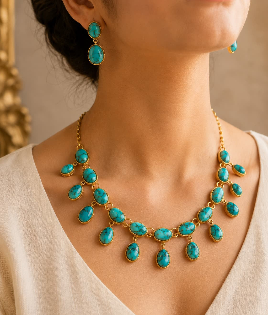Elegant Persian Turquoise Necklace and Earring Set - Luxurious Gold Statement Jewelry for Women