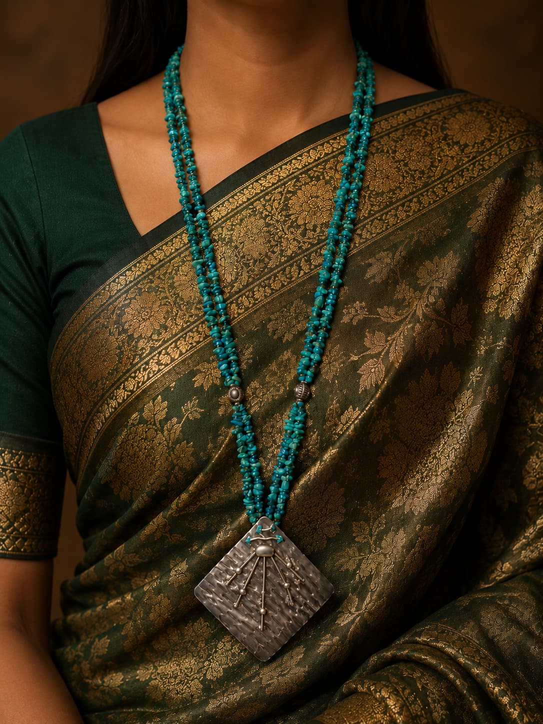 Handcrafted Persian Turquoise Beaded Necklace with Antique-Style Silver Pendant