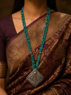 Handcrafted Persian Turquoise Beaded Necklace with Antique-Style Silver Pendant